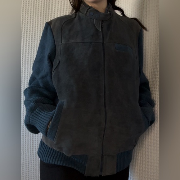 Vintage Blue and Gray Leather Zip Up Jacket - Picture 3 of 13